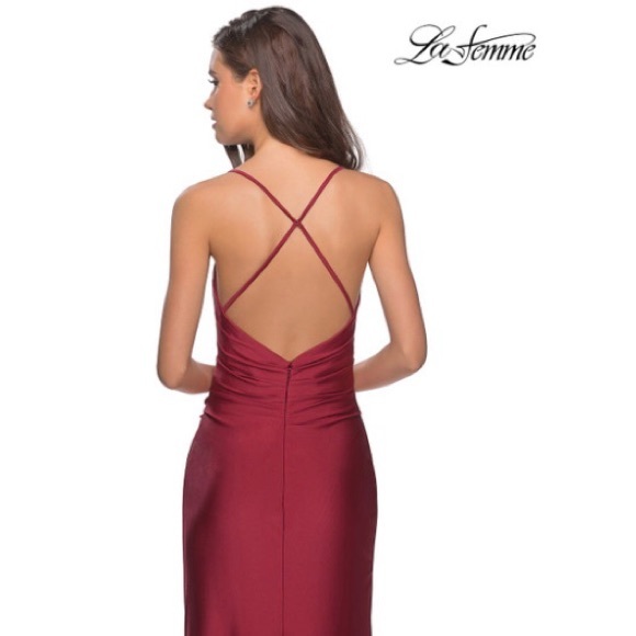NWT La Femme Ling Crisscross Strapped High Slit Gown Burgundy Size 2 - Picture 6 of 12